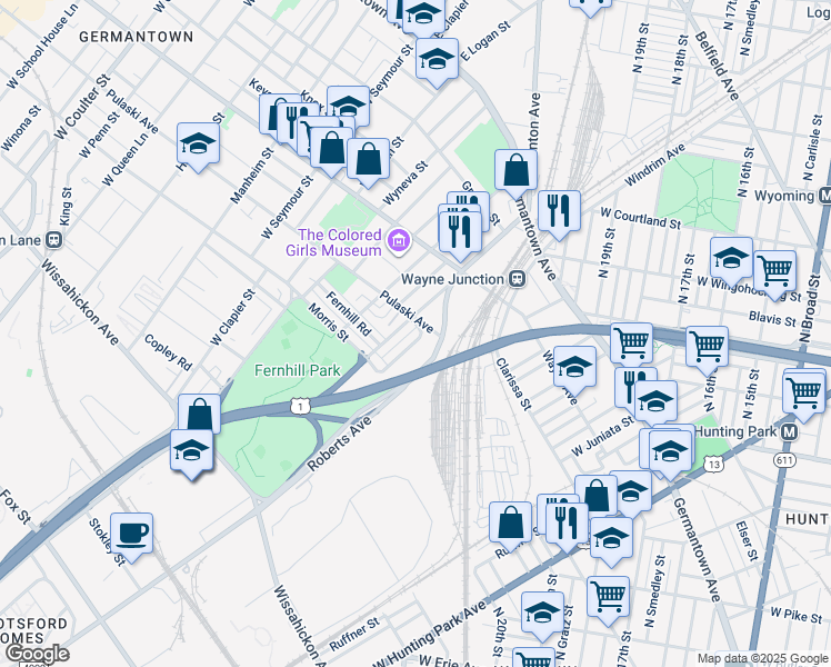 map of restaurants, bars, coffee shops, grocery stores, and more near 305 West Milne Street in Philadelphia