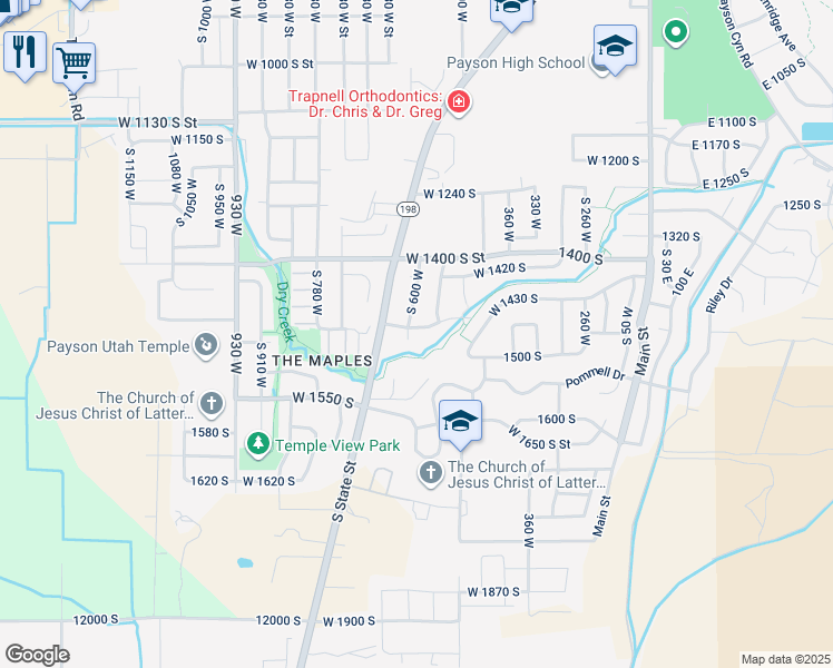 map of restaurants, bars, coffee shops, grocery stores, and more near 588 West 1450 South in Payson