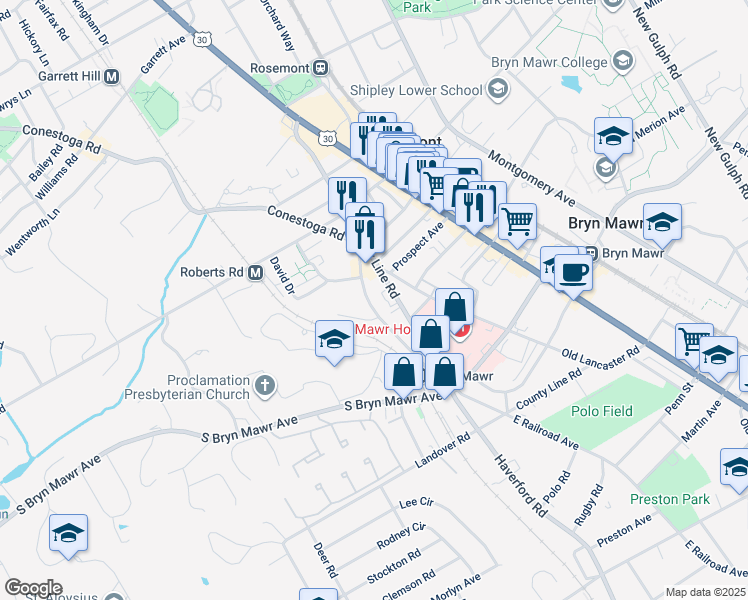 map of restaurants, bars, coffee shops, grocery stores, and more near 939 Glenbrook Avenue in Bryn Mawr