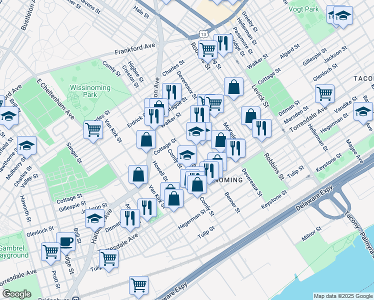 map of restaurants, bars, coffee shops, grocery stores, and more near 4429 Higbee Street in Philadelphia