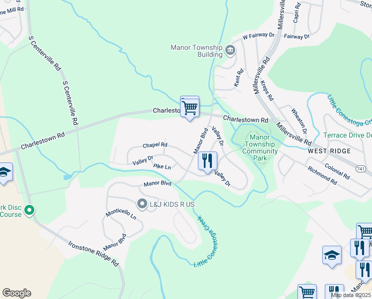 map of restaurants, bars, coffee shops, grocery stores, and more near 2619 Chapel Road in Lancaster