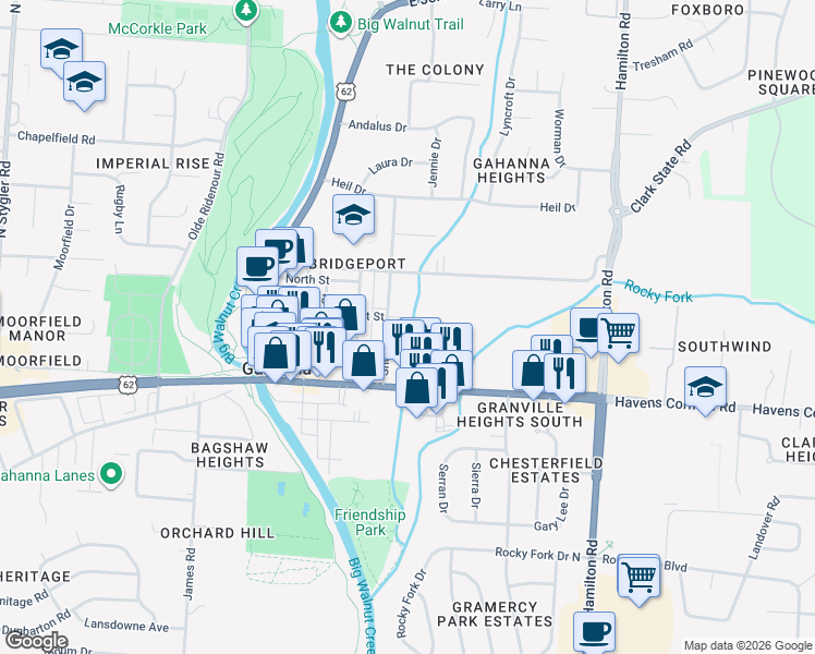 map of restaurants, bars, coffee shops, grocery stores, and more near 236 Granville Street in Gahanna