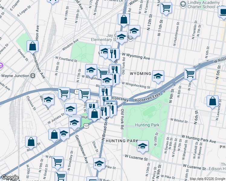 map of restaurants, bars, coffee shops, grocery stores, and more near 1329 West Roosevelt Boulevard in Philadelphia