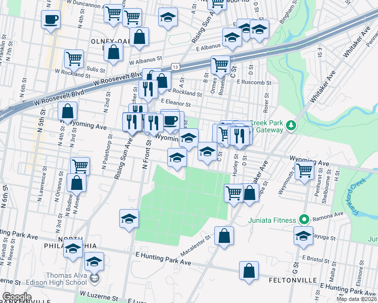 map of restaurants, bars, coffee shops, grocery stores, and more near 238 East Wyoming Avenue in Philadelphia