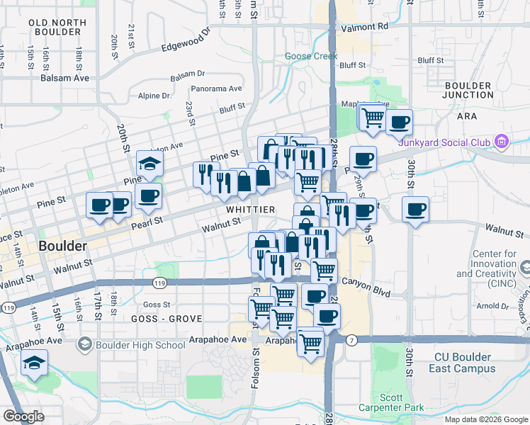 map of restaurants, bars, coffee shops, grocery stores, and more near 1884 Folsom Street in Boulder