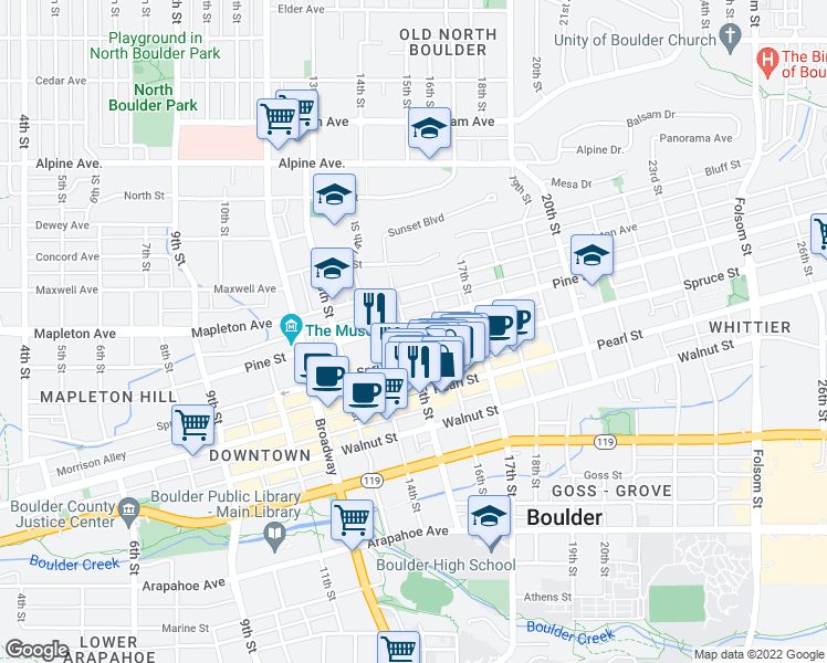 map of restaurants, bars, coffee shops, grocery stores, and more near 1515 Spruce Street in Boulder