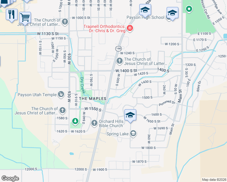 map of restaurants, bars, coffee shops, grocery stores, and more near 1475 Utah 198 in Payson