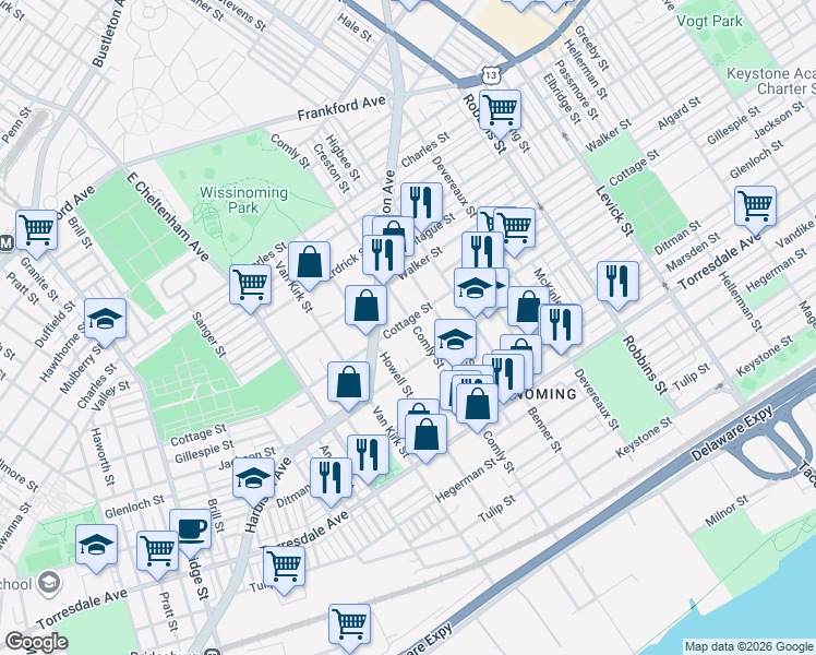 map of restaurants, bars, coffee shops, grocery stores, and more near 4424 Comly Street in Philadelphia