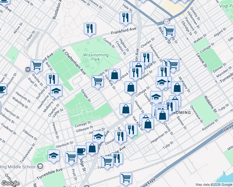 map of restaurants, bars, coffee shops, grocery stores, and more near 5717 Walker Street in Philadelphia