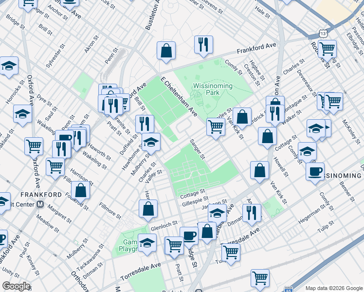 map of restaurants, bars, coffee shops, grocery stores, and more near 5353 Charles Street in Philadelphia