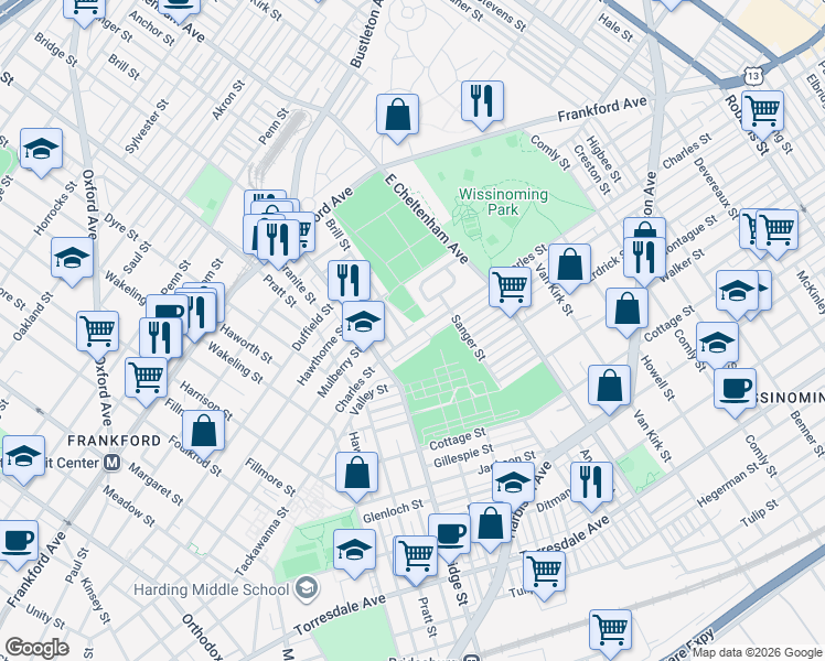 map of restaurants, bars, coffee shops, grocery stores, and more near 5353 Charles Street in Philadelphia