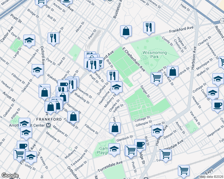 map of restaurants, bars, coffee shops, grocery stores, and more near 5210 Marlowe Street in Philadelphia