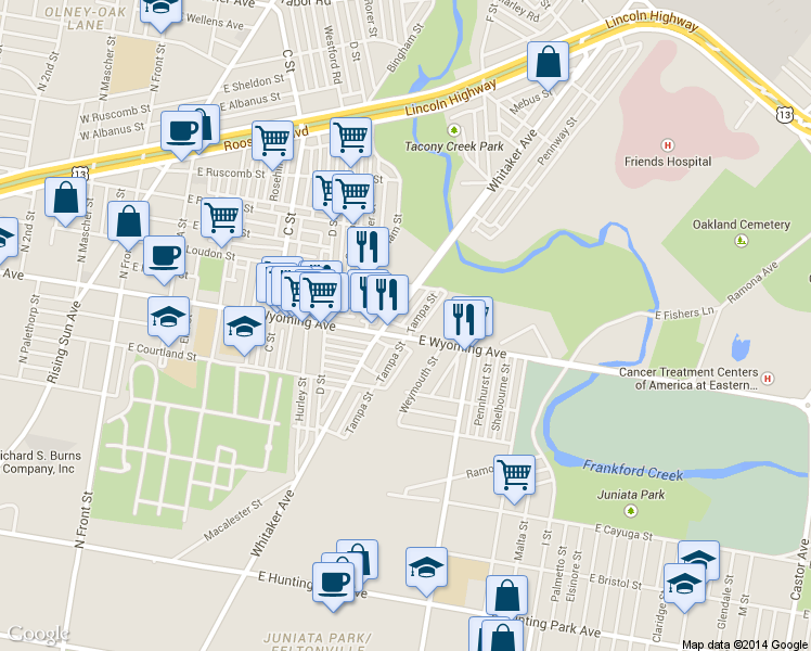 map of restaurants, bars, coffee shops, grocery stores, and more near 638 East Wyoming Avenue in Philadelphia