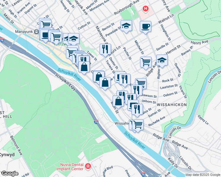 map of restaurants, bars, coffee shops, grocery stores, and more near 3811 Cresson Street in Philadelphia