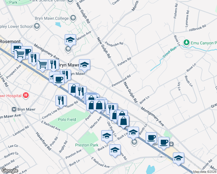 map of restaurants, bars, coffee shops, grocery stores, and more near 568 Montgomery Avenue in Bryn Mawr