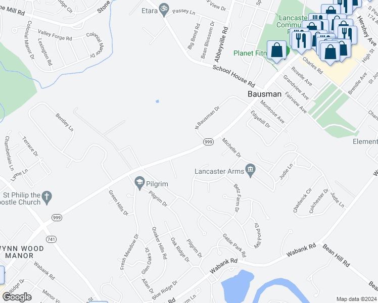 map of restaurants, bars, coffee shops, grocery stores, and more near 1710 Millersville Pike in Lancaster