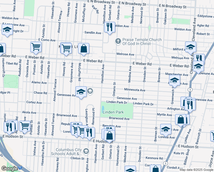 map of restaurants, bars, coffee shops, grocery stores, and more near 1277 Minnesota Avenue in Columbus