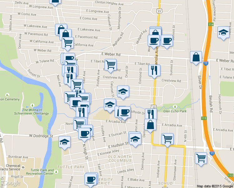 map of restaurants, bars, coffee shops, grocery stores, and more near 205 Olentangy Street in Columbus