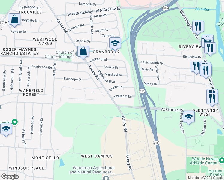 map of restaurants, bars, coffee shops, grocery stores, and more near 2982 Trentwood Road in Columbus