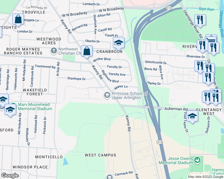 map of restaurants, bars, coffee shops, grocery stores, and more near 2982 Trentwood Road in Columbus