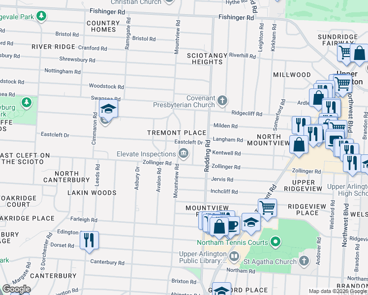 map of restaurants, bars, coffee shops, grocery stores, and more near 3157 Ainwick Road in Columbus