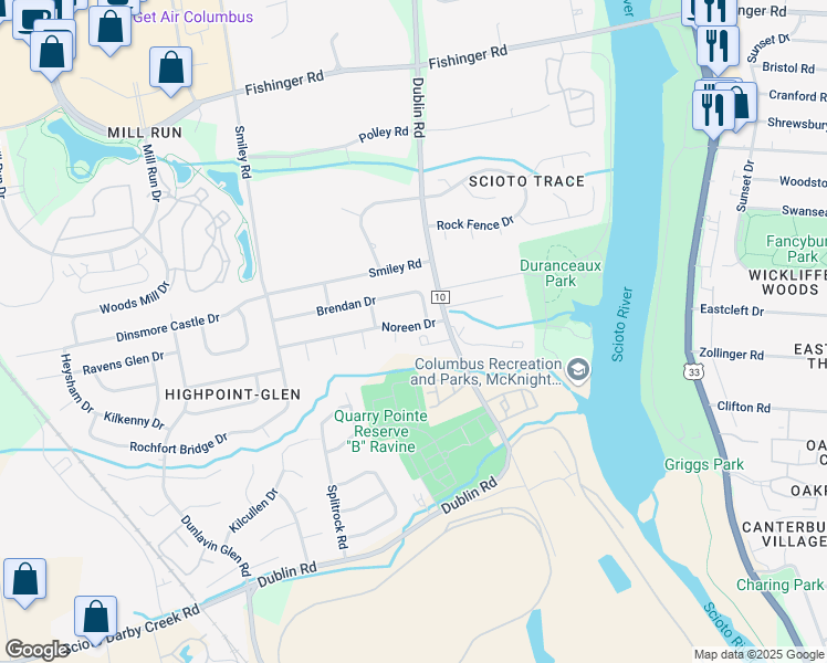 map of restaurants, bars, coffee shops, grocery stores, and more near 3238 Noreen Court in Columbus
