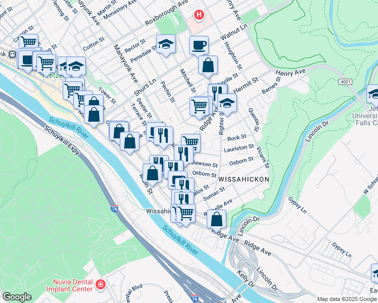 map of restaurants, bars, coffee shops, grocery stores, and more near 5254 Ridge Avenue in Philadelphia