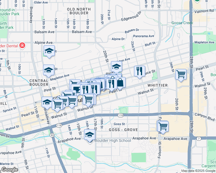 map of restaurants, bars, coffee shops, grocery stores, and more near in Boulder