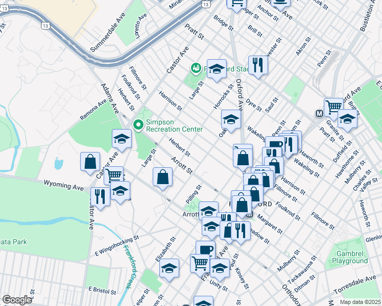 map of restaurants, bars, coffee shops, grocery stores, and more near 1209 Herbert Street in Philadelphia
