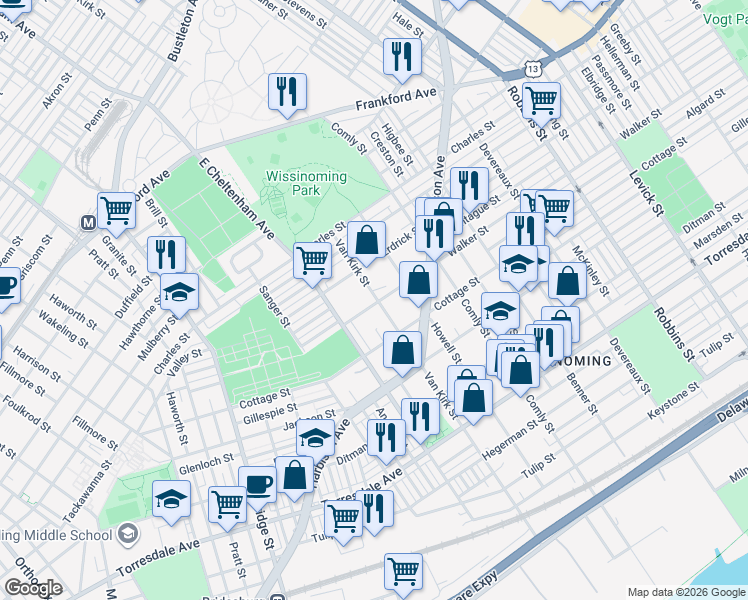 map of restaurants, bars, coffee shops, grocery stores, and more near 5717 Walker Street in Philadelphia