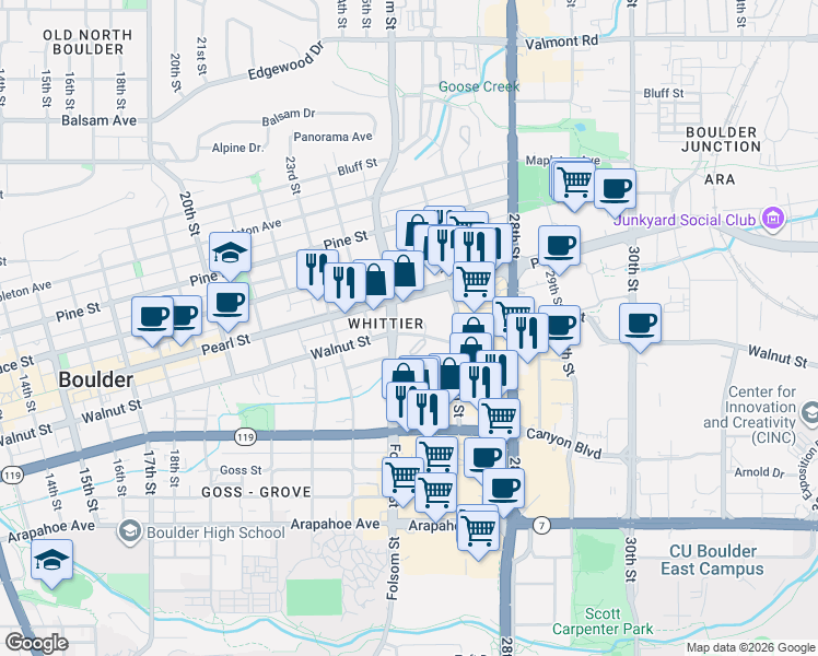 map of restaurants, bars, coffee shops, grocery stores, and more near 1884 Folsom Street in Boulder