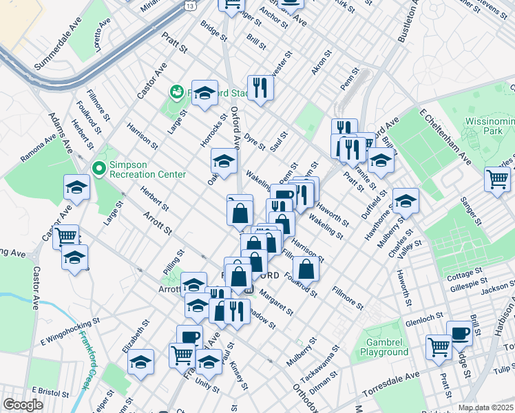 map of restaurants, bars, coffee shops, grocery stores, and more near 4908 Penn Street in Philadelphia