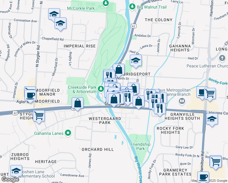 map of restaurants, bars, coffee shops, grocery stores, and more near 110 Mill Street in Gahanna