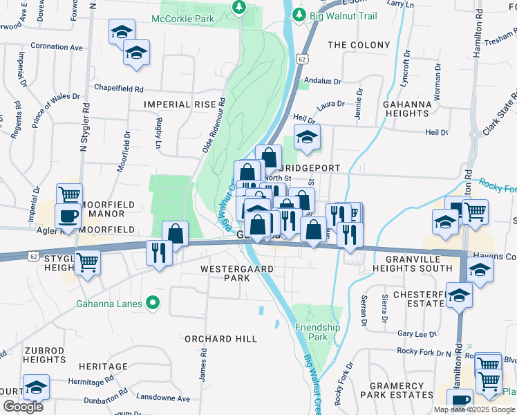 map of restaurants, bars, coffee shops, grocery stores, and more near 110 Mill Street in Gahanna