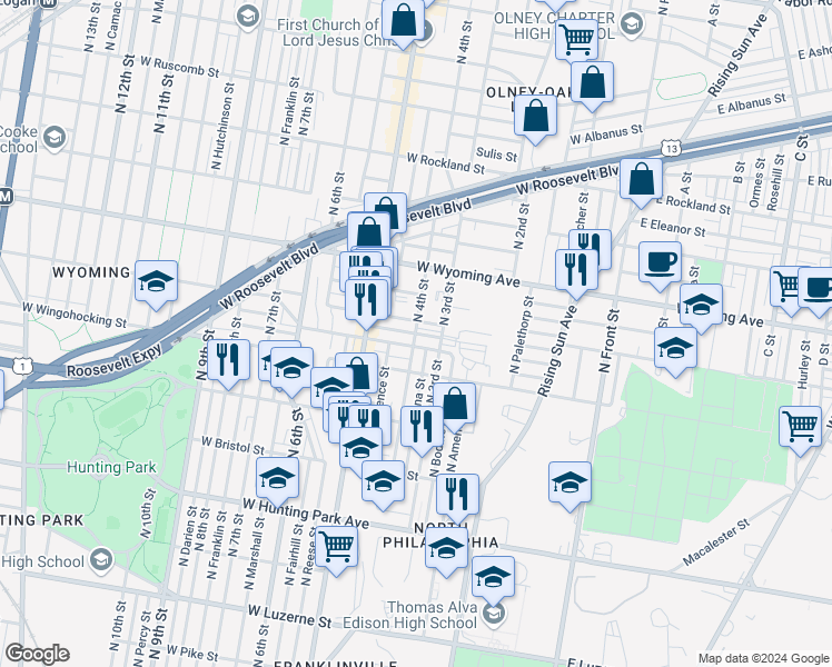 map of restaurants, bars, coffee shops, grocery stores, and more near 399 West Raymond Street in Philadelphia