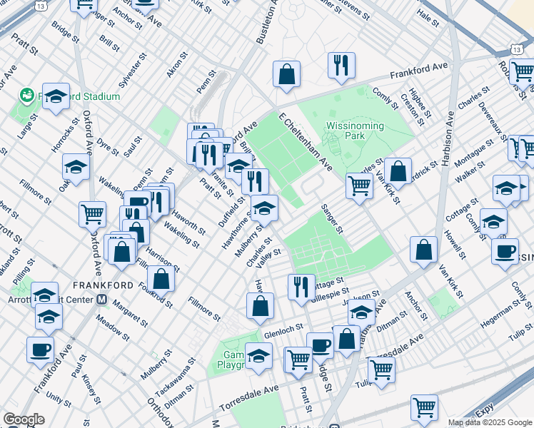 map of restaurants, bars, coffee shops, grocery stores, and more near 1749 Bridge Street in Philadelphia