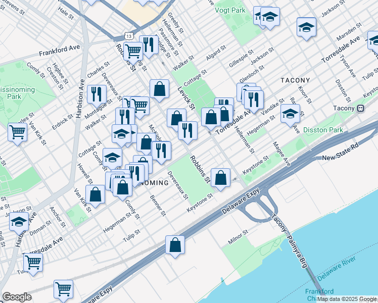 map of restaurants, bars, coffee shops, grocery stores, and more near Torresdale Ave & Robbins St in Philadelphia
