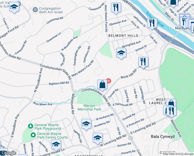 map of restaurants, bars, coffee shops, grocery stores, and more near 120 Harvest Circle in Bala Cynwyd