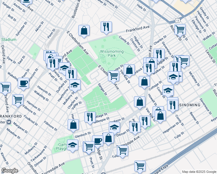 map of restaurants, bars, coffee shops, grocery stores, and more near 5427 Valley Street in Philadelphia
