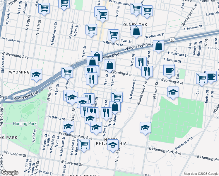 map of restaurants, bars, coffee shops, grocery stores, and more near 307 West Raymond Street in Philadelphia