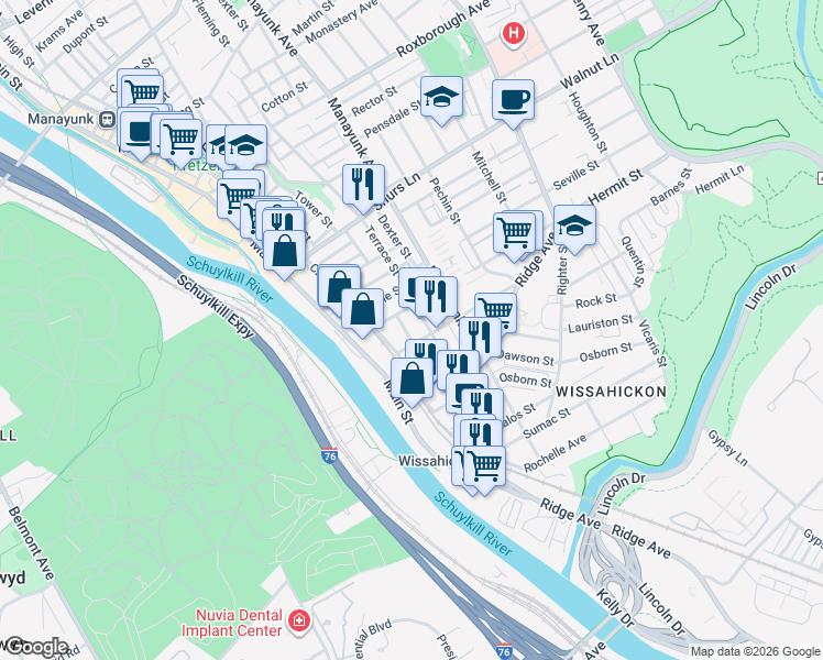 map of restaurants, bars, coffee shops, grocery stores, and more near 114 Salaignac Street in Philadelphia