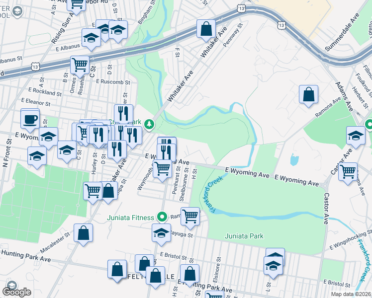 map of restaurants, bars, coffee shops, grocery stores, and more near 721R Maple Lane in Philadelphia