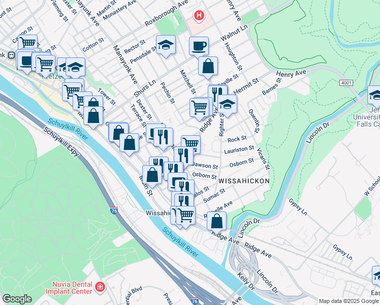 map of restaurants, bars, coffee shops, grocery stores, and more near 5254 Ridge Avenue in Philadelphia