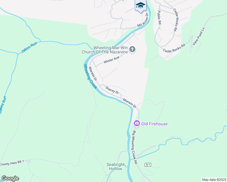 map of restaurants, bars, coffee shops, grocery stores, and more near 401 Stacey Apartments Drive in Wheeling
