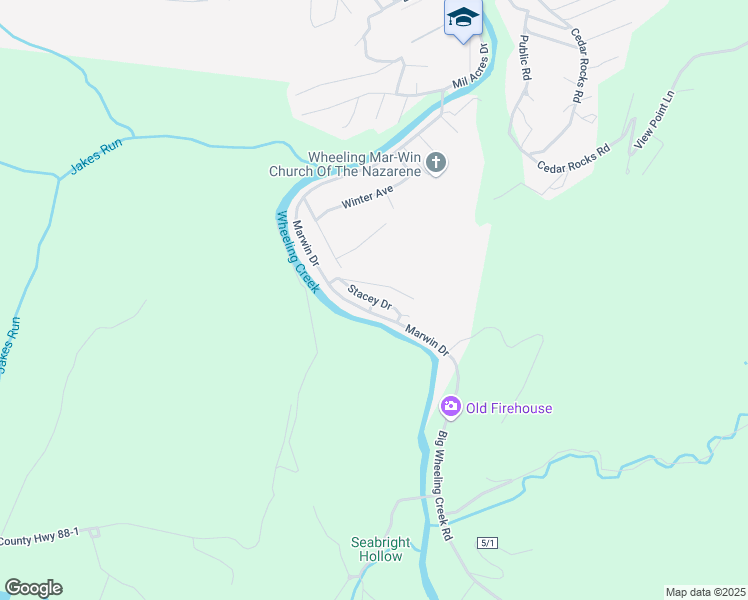 map of restaurants, bars, coffee shops, grocery stores, and more near Stacey Apartments Drive in Wheeling