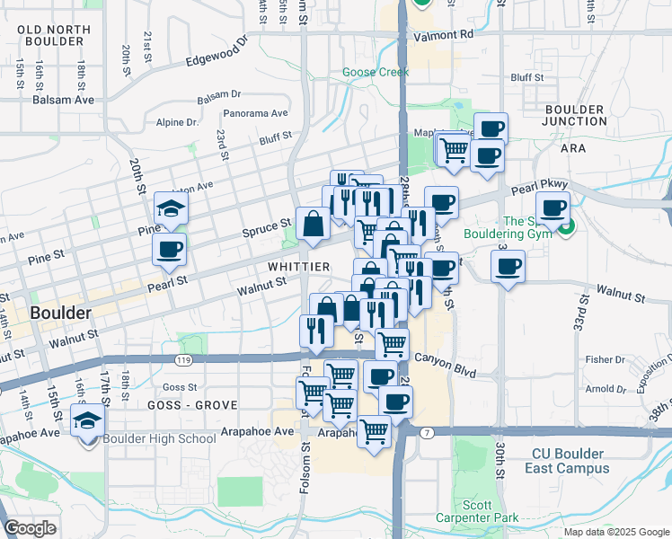 map of restaurants, bars, coffee shops, grocery stores, and more near 1909 26th Street in Boulder
