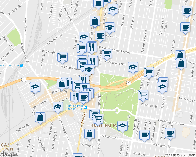 map of restaurants, bars, coffee shops, grocery stores, and more near 4414 Old York Road in Philadelphia