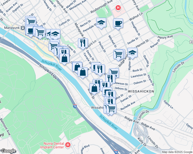map of restaurants, bars, coffee shops, grocery stores, and more near 114 Salaignac Street in Philadelphia