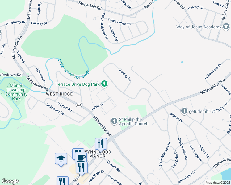 map of restaurants, bars, coffee shops, grocery stores, and more near 100 Bentley Lane in Lancaster