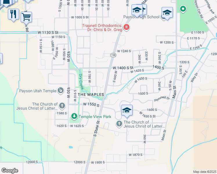 map of restaurants, bars, coffee shops, grocery stores, and more near 616 West 1450 South in Payson